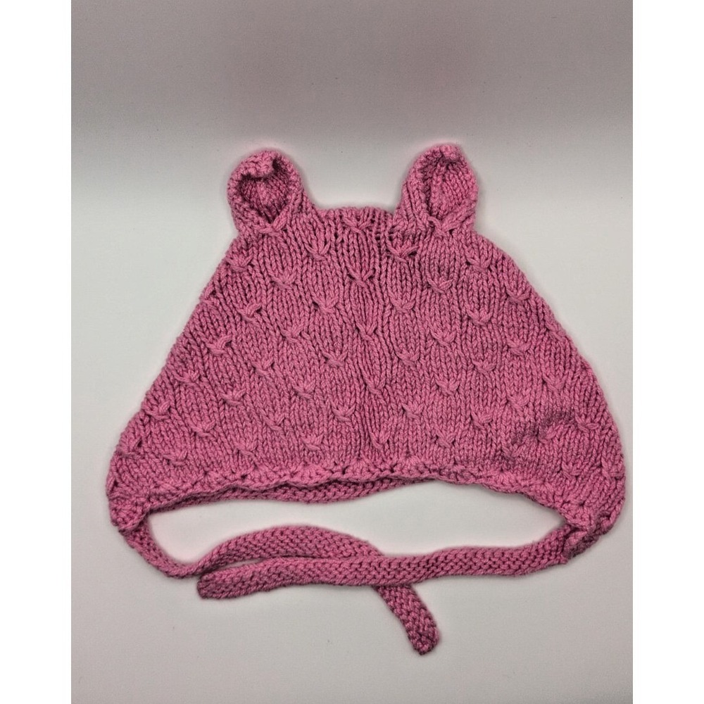 Pink Soft Cable Knit Bear Ear Bonnet Beanie Hat with Tie Strap Kids Size Small